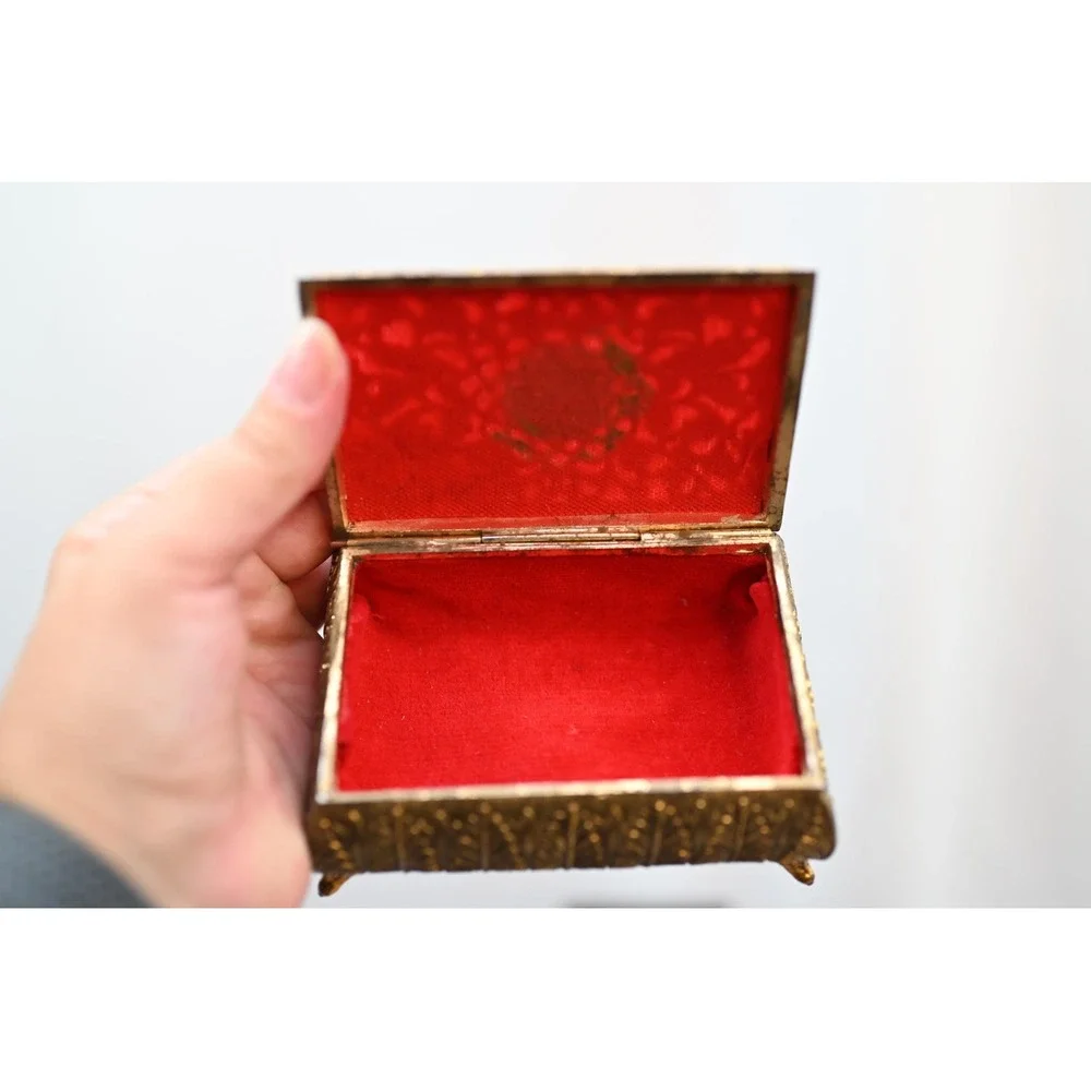 Vintage Brass Jewelry Box Filigree Footed Gold Red Velvet Lined Made in Japan